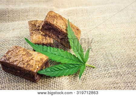 Cannabis Hash Brownies With Cannabis Leaf On Hemp Cloth Burlap