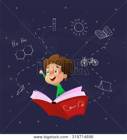 Cute Cartoon Boy Fly Through Night Sky Riding On Book. Education Concept Illustration