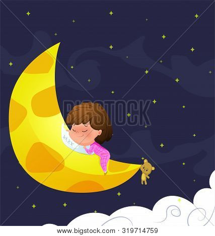 Cartoon Little Baby Sleeps On Moon. Vector Illustration.