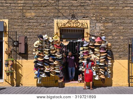 San Pedro Cholula, Mexico, September 30, 2019 - Shop Of Traditional Mexican Hats In Avenida Morelos 
