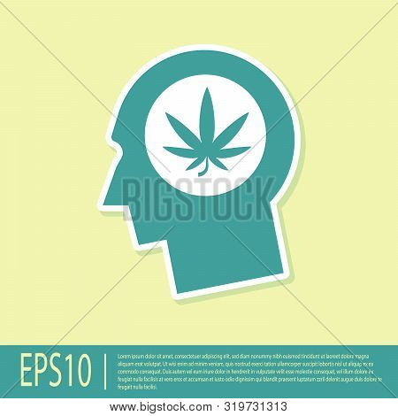 Green Silhouette Of Male Head In Profile With Marijuana Or Cannabis Leaf Icon Isolated On Yellow Bac