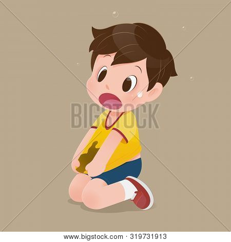 Little Boy With A Yellow Shirt Stained With Mud. Concept With Vector Design