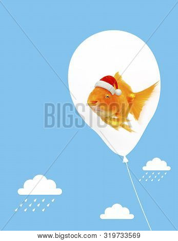 Santa Clauss Goldfish In Balloon Floating In The Blue Sky With Clouds Iillustration