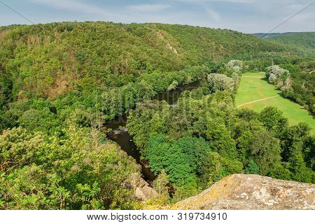 Nice View To Valley With River Dyje And Small Bridge, National Park Podyji, Czech Republic