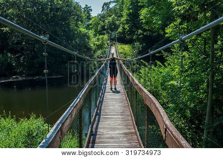Beauty Young Woman Stand On Small Bridge From Back. Outdoor, Fitness Concept. River Dyje, National P