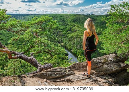 Beauty Young Woman Stand On Rock. Outdoor, Fitness Concept. River Dyje, National Park Podyji, Czech 