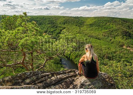 Beauty Young Woman Sit On Rock. Outdoor, Fitness Concept. River Dyje, National Park Podyji, Czech Re