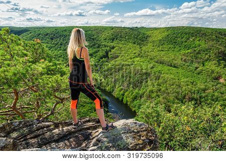 Beauty Young Woman Stand On Rock From Back. Outdoor, Fitness Concept. River Dyje, National Park Pody