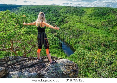 Beauty Young Woman Stand On Rock With Open Arms. Outdoor, Fitness Concept. River Dyje, National Park
