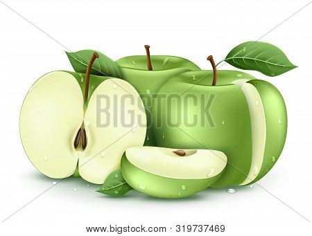Wet Green Ripe Fresh Apples Sliced And Whole 3d Realistic With Water Drops And Leaves In Isolated Wh