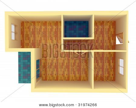 Ylänäkymä pienen asunnon seinät