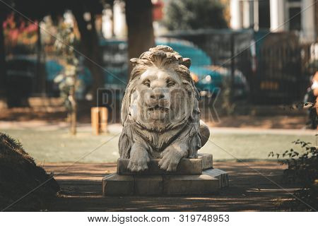 Stone Lion In Hornsea Memorial Gardens, East Yorkshire, Uk