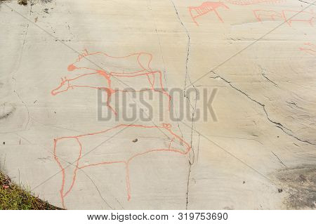 Rock Art In Alta Fjord, Norway. Ancient Symbols, Real Drawing,  Texture In Stone. Red Ocher Paint. H