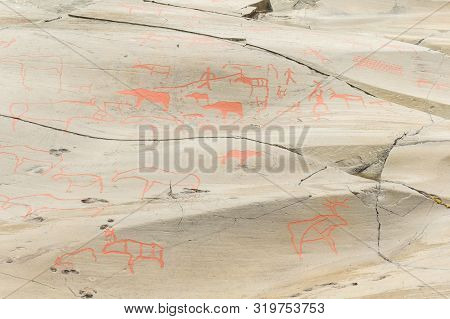 Rock Art In Alta Fjord, Norway. Ancient Symbols, Real Drawing,  Texture In Stone. Red Ocher Paint. H