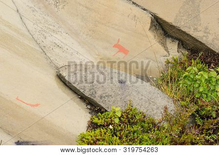 Rock Art In Alta Fjord, Norway. Ancient Symbols, Real Drawing,  Texture In Stone. Red Ocher Paint. H