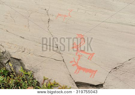 Rock Art In Alta Fjord, Norway. Ancient Symbols, Real Drawing,  Texture In Stone. Red Ocher Paint. H