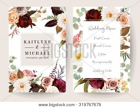 Vertical Label Baroque Frames Of Leaves And Flowers. Rust Orange Rose, Dahlia, Peony, Ranunculus, Bu