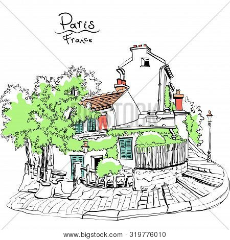 Vector Typical Parisain Street With Old Houses On Montmartre Hill In Paris, France. Line Art