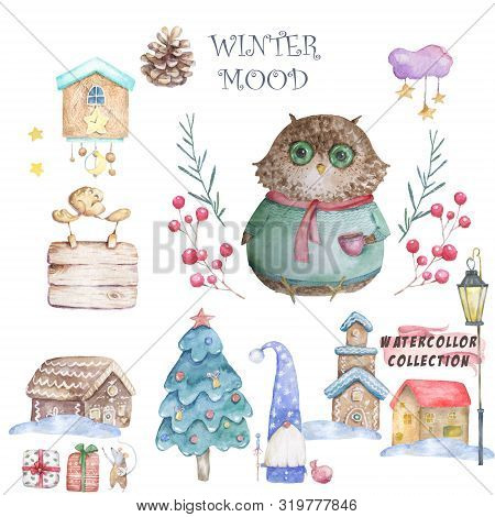 Owl In A Cap And Scarf Were Drawn By Hand. Cute Watercolor Colorful Set Illustration For Greeting Ca