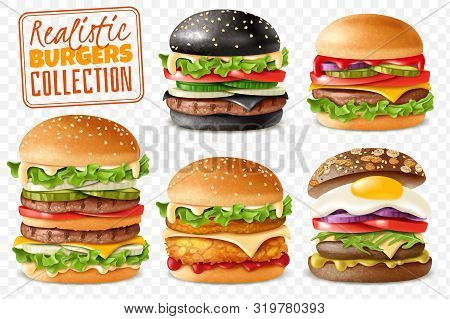 Realistic Burgers Collection Transparent Background Set. Realistic Ready Burgers Set With Isolated E