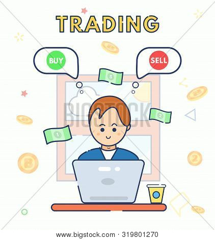 Young Character Cute Smile Trader Using Laptop With Idea Buying Or Selling Currency. Man Sit Work At