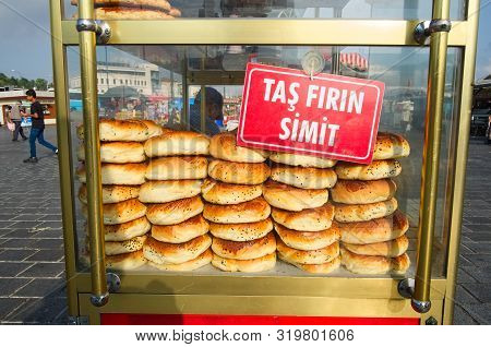 Istanbul, Turkey - September, 2018: Traditional Street Vendor With Popular Turkish Food Circular Bre