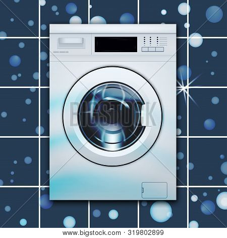 Washing Machine Automatic Front Loading On Tile Background. 3d Realistic Vector Illustration.
