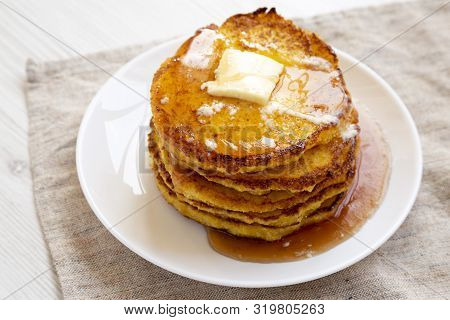 Homemade Corn Meal Johnny Cakes  On A White Plate, Side View. Close-up.