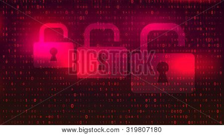 Digital Binary Code On Red Bg With Lock