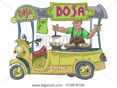 A Street Food Vendor Offers Traditional Dish Dosa. Cartoon