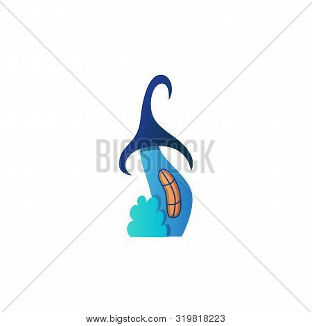 Hand-drawn Flat Crooked House Illustration In Trendy Gradient Colors. Blue Bent Building With A Purp