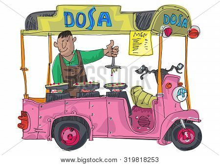 A Street Food Vendor Offers Traditional Dish Dosa. Cartoon