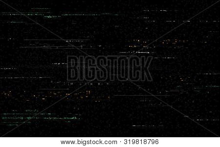 Glitch Background. Video Distortions On Black Backdrop. Digital Signal Error. Color Pixel Noise With