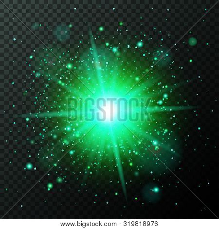 Half Transparent Shining Bright Abstract Star With Green Particles. Magic Confetti Explosion. Vector