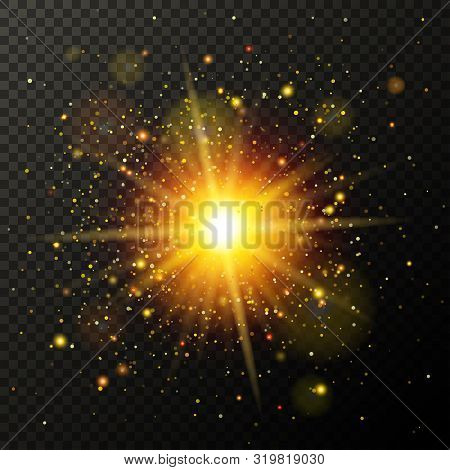Half Transparent Shining Bright Abstract Star With Red Particles. Magic Confetti Explosion. Vector I