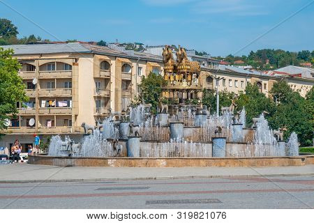 Kutaisi, Georgia - 21.08.2019: View To Colchis Fountain And Meskhishvili Theatre In The Centre Of Ku