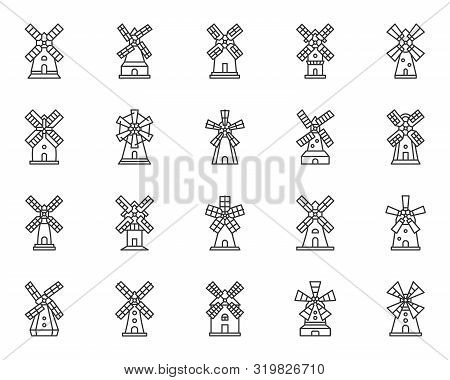 Vintage Windmill Thin Line Icon Set. Grain Flour Mill Collection Of Simple Outline Sign. Farm Wind H