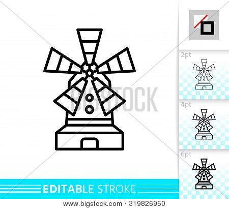 Windmill Single Line Icon. Farm Grain Flour Mill Flat Banner. Wind House Poster. Gristmill Linear Pi