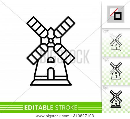 Windmill Single Line Icon. Farm Grain Flour Mill Flat Banner. Wind House Poster. Gristmill Linear Pi