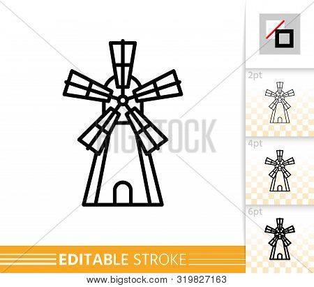 Windmill Single Line Icon. Farm Grain Flour Mill Flat Banner. Wind House Poster. Gristmill Linear Pi
