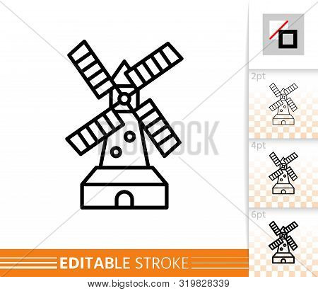 Windmill Single Line Icon. Farm Grain Flour Mill Flat Banner. Wind House Poster. Gristmill Linear Pi