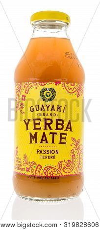 Winneconne, Wi - 14 August 2019 : A Bottle Of Guayaki Brand Yerba Mate Passion Drink On An Isolated 