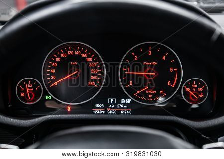 Novosibirsk, Russia - August 19, 2019:  Bmw X4 ,close-up Of Round Dashboard, Speedometer And Tachome