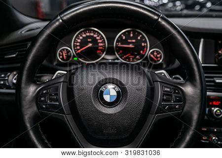 Novosibirsk, Russia - August 19, 2019:  Bmw X4 ,close-up Of The Dashboard, Speedometer, Tachometer A
