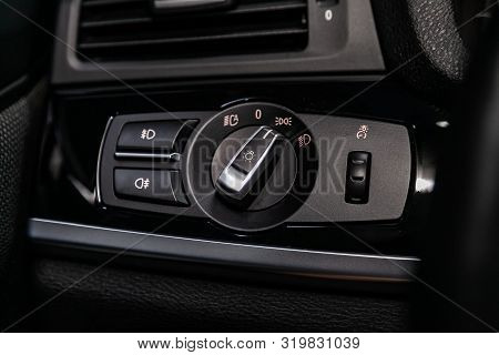 Novosibirsk, Russia - August 19, 2019:  Bmw X4 ,close-up On The Headlight Switch Control Buttons,  A
