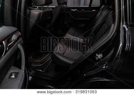 Novosibirsk, Russia - August 19, 2019:  Bmw X4 ,black Interior Design, Car Passenger And Driver Seat