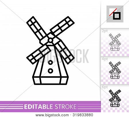Windmill Single Line Icon. Farm Grain Flour Mill Flat Banner. Wind House Poster. Gristmill Linear Pi