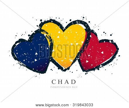 Chad Flag In The Form Of Three Hearts. Vector Illustration On A White Background. Brush Strokes Are 