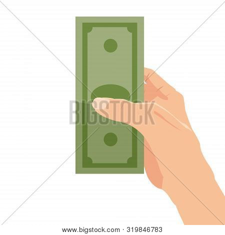 Money On Hand, Bill, Bank Note. Businessman Giving A Cache. Vector Illustration In Carton Style Isol