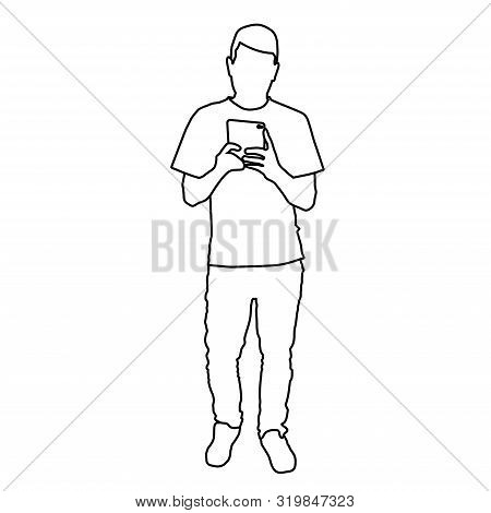 Man Taking Full Length Selfie In The Mirror. Isolated Stock Outline Vector Illustration
